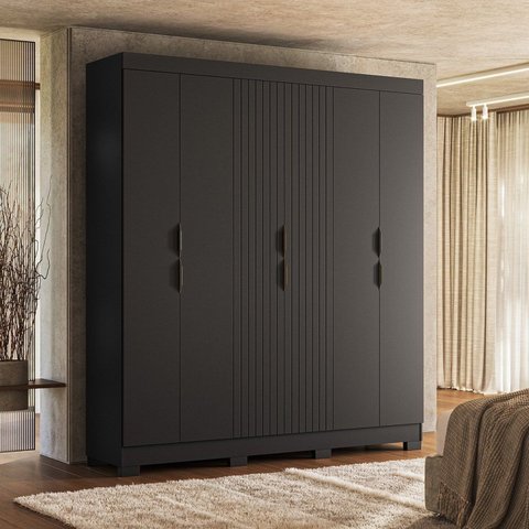 Guarda-Roupa Casal Ripado com 6 Portas e 2 Gavetas York Preto/Ac