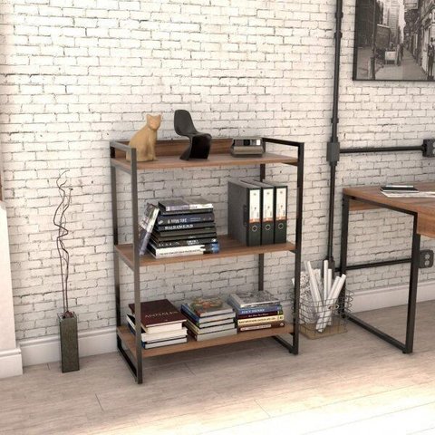 Estante de Livros Industrial Aço 80CMX104CM 3 Prateleiras Kuadra Marrom/Nogal