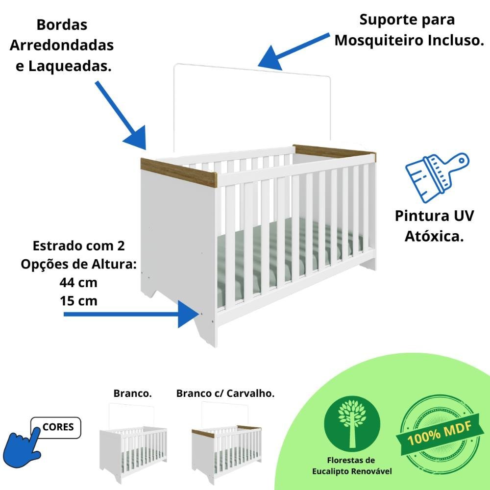 Quarto Bebê Completo Berço Americano Guarda Roupa 3 Portas Lisa Cômoda 3 Gavetas 100% MDF Zaky - 3