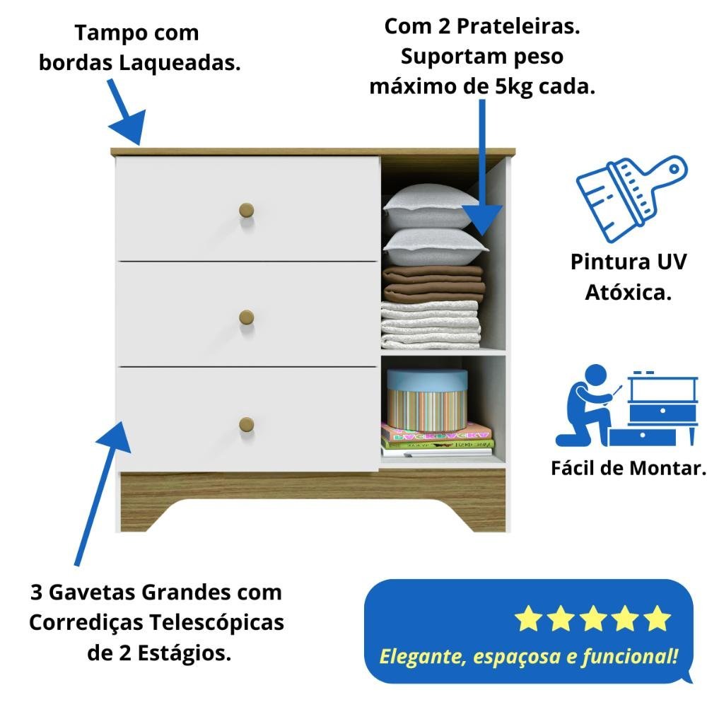 Quarto Bebê Completo Berço Americano Guarda Roupa 3 Portas Lisa Cômoda 3 Gavetas 100% MDF Zaky - 7