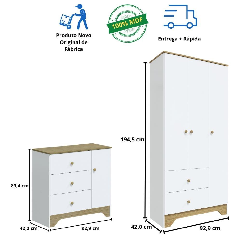 Quarto Bebê Completo Berço Americano Guarda Roupa 3 Portas Lisa Cômoda 3 Gavetas 100% MDF Zaky - 10