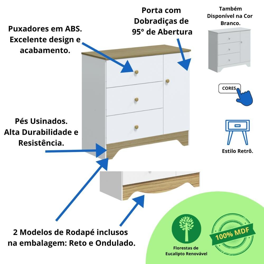 Quarto Bebê Completo Berço Americano Guarda Roupa 3 Portas Lisa Cômoda 3 Gavetas 100% MDF Zaky - 6