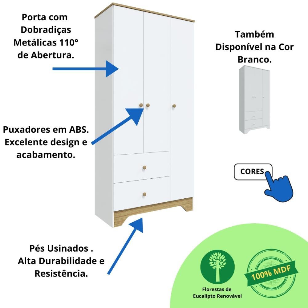 Quarto Bebê Completo Berço Americano Guarda Roupa 3 Portas Lisa Cômoda 3 Gavetas 100% MDF Zaky - 8