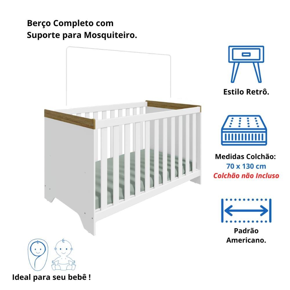 Quarto Bebê Completo Berço Americano Guarda Roupa 3 Portas Lisa Cômoda 3 Gavetas 100% MDF Zaky - 4