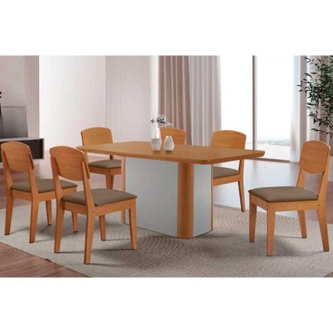 Conjunto: Mesa Sala Jantar Pietá c/ Tampo Madeirado Canto Curvo 180x90cm e 6 Cadeiras Havana