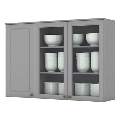 Armário Aéreo 3 Portas com Vidro 120 Cm Americana Cinza – Henn