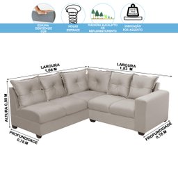 Sofá de Canto Califórnia Espuma Densidade D28, 1,66x1,83 Metros, 4 Lugares, com Molas Espirais, Bege - 5