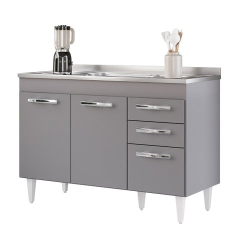 Balcão Gabinete com Pia Inox 120cm 3 Portas 2 Gavetas Suécia Cinza - Lumil Lumil Móveis