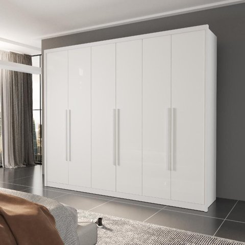 Guarda Roupa Casal Luca 6 Portas de Bater 6 Gavetas MDF Branco Bom Pastor Móveis 274cm