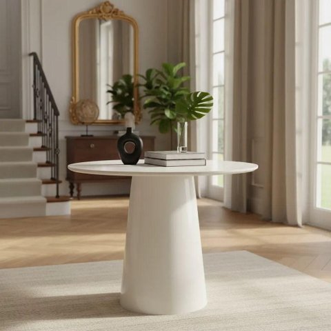 Mesa de Canto Cone Laqueado Redondo Vidro Madeira 70cm Branco