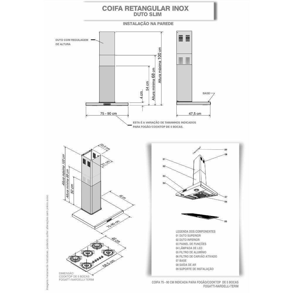 Coifa De Parede 75cm Retangular Duto Slim Fogatti Inox 220v - 4