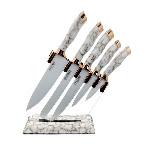 Conjunto de Facas para Cozinha Branco Estilo Mármore com Cepos - 6 Peças