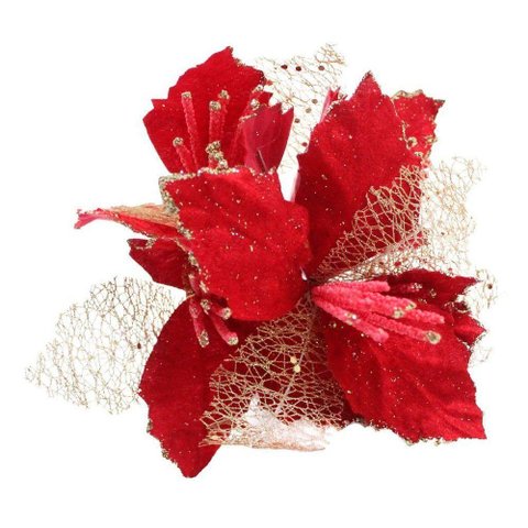 Kit 8 Flores Vermelhas com Cabo Artificial Decoração de Natal com Glitter 22cm