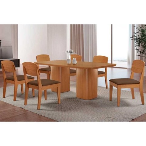 Conjunto: Mesa Sala Jantar Maldivas C/ Tampo Madeirado Canto Curvo 180x90cm e 6 Cadeiras Havana