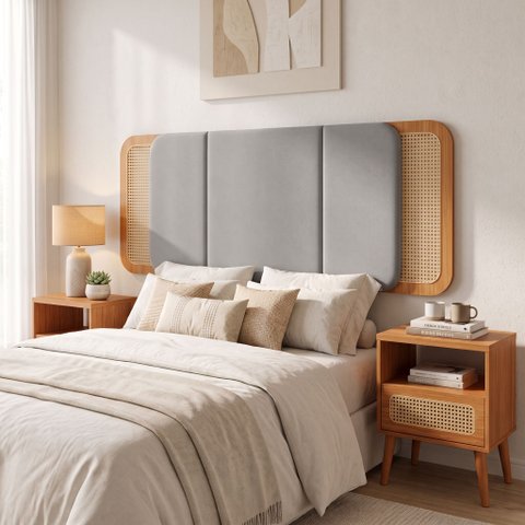 Kit Cabeceira Tela Natural 170cm + 2 Mesas de Cabeceira MDF Cor:Freijó