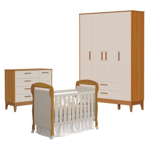 Quarto de Bebê 4 Portas com Cômoda com Porta Flip e Berço Americano Danny Areia Savana Acetinado - R