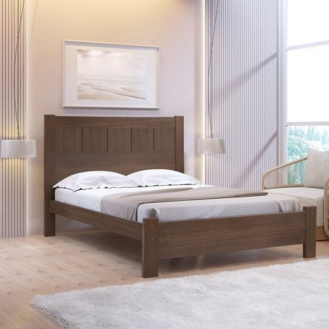 Cama Casal Premium 100% MDF e Cabeceira em Baixo Relevo Castanho