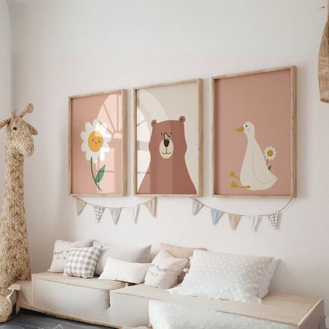 Kit 3 Quadros Decorativos Infantil Mundo de Fofura Animais Fofos Quarto Bebê NO1