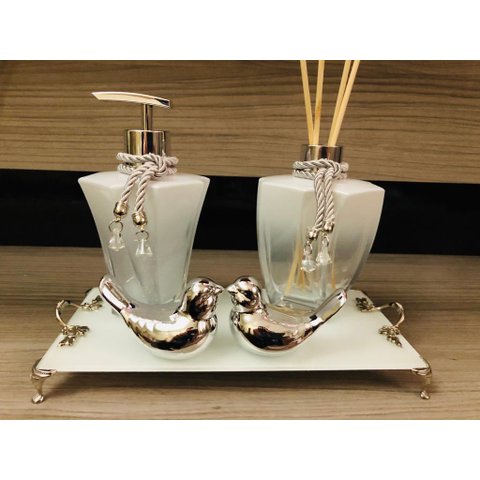 Kit Lavabo Prata Branco 5 Peças Difusor Sabonete Bandeja