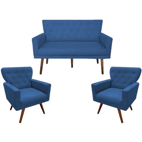 Kit Namoradeira + 2 Poltronas Decorativa Aurora Suede Azul Marinho Pés Madeira Mz Decor