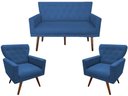 Ver imagem 1 de Kit Namoradeira + 2 Poltronas Decorativa Aurora Suede Azul Marinho Pés Madeira Mz Decor