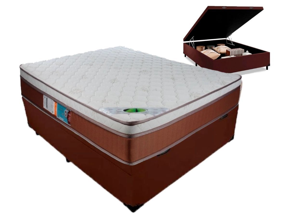 Cama Box Casal Com Baú + Colchão Luckspuma Molas Ensacadas Premium Caribe 138x188:Marrom