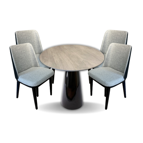 Conjunto Mesa de Jantar Cone 110 cm Tampo Cimento Texturizado Base Preta com 4 Cadeiras Londres Pers