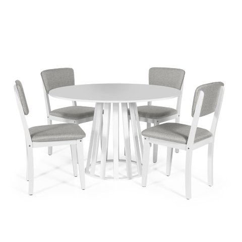 Mesa de Jantar Redonda Gabi Branca com 4 Cadeiras Estofadas Ella Branco/cinza Claro
