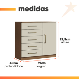 Cômoda Sapateira Multiuso 5 Gavetas 1 Porta Milão Aramóveis Madeir/off - 3