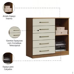 Cômoda Sapateira Multiuso 5 Gavetas 1 Porta Milão Aramóveis Madeir/off - 5