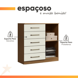 Cômoda Sapateira Multiuso 5 Gavetas 1 Porta Milão Aramóveis Madeir/off - 5