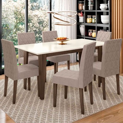 Conjunto Sala de Jantar Mesa com Tampo Chanfrado Liz 6 Cadeiras Estofadas Jade Poliman