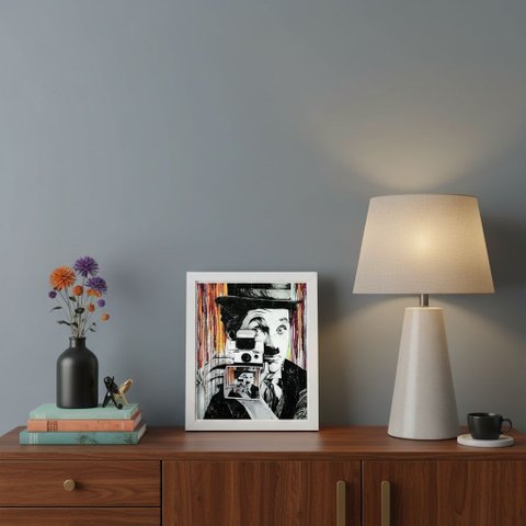 Quadro Pop Art Chaplin Tirando Foto 24x18cm Mold Branca