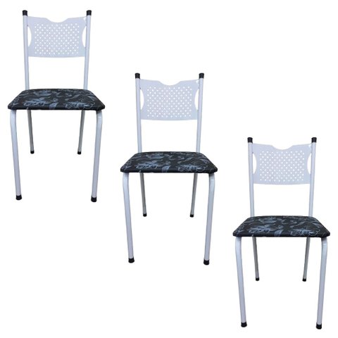 Kit 3 Cadeira para Cozinha Mc Tubular Almofadada Estrutura Branca com Assento Floral Medcombo