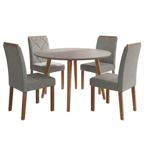 Mesa de Jantar Redonda Dani Mdf com 4 Cadeiras Estofadas Linho Off White Grafite Molci