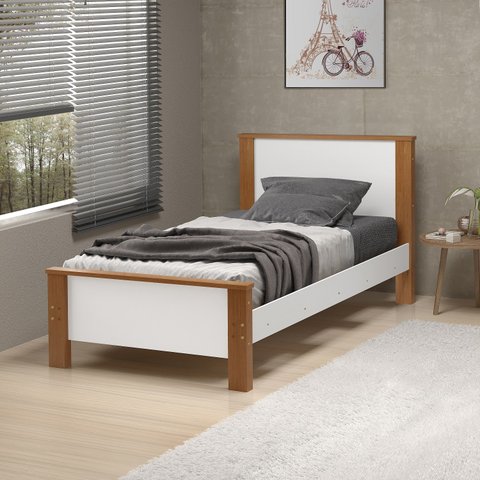 Cama de Solteiro para Quarto Mila com Pés de Madeira Estilo Retro Design Moderno com Colchão 188x88
