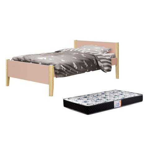 Cama Solteiro Simba Rosa Fosco com Pés Madeira Natural e Colchão D33 - Reller Móveis