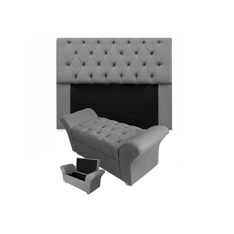 Jogo Cabeceira Mirage e Calçadeira Baú Veneza Casal 140 cm Suede Cinza - LM DECOR