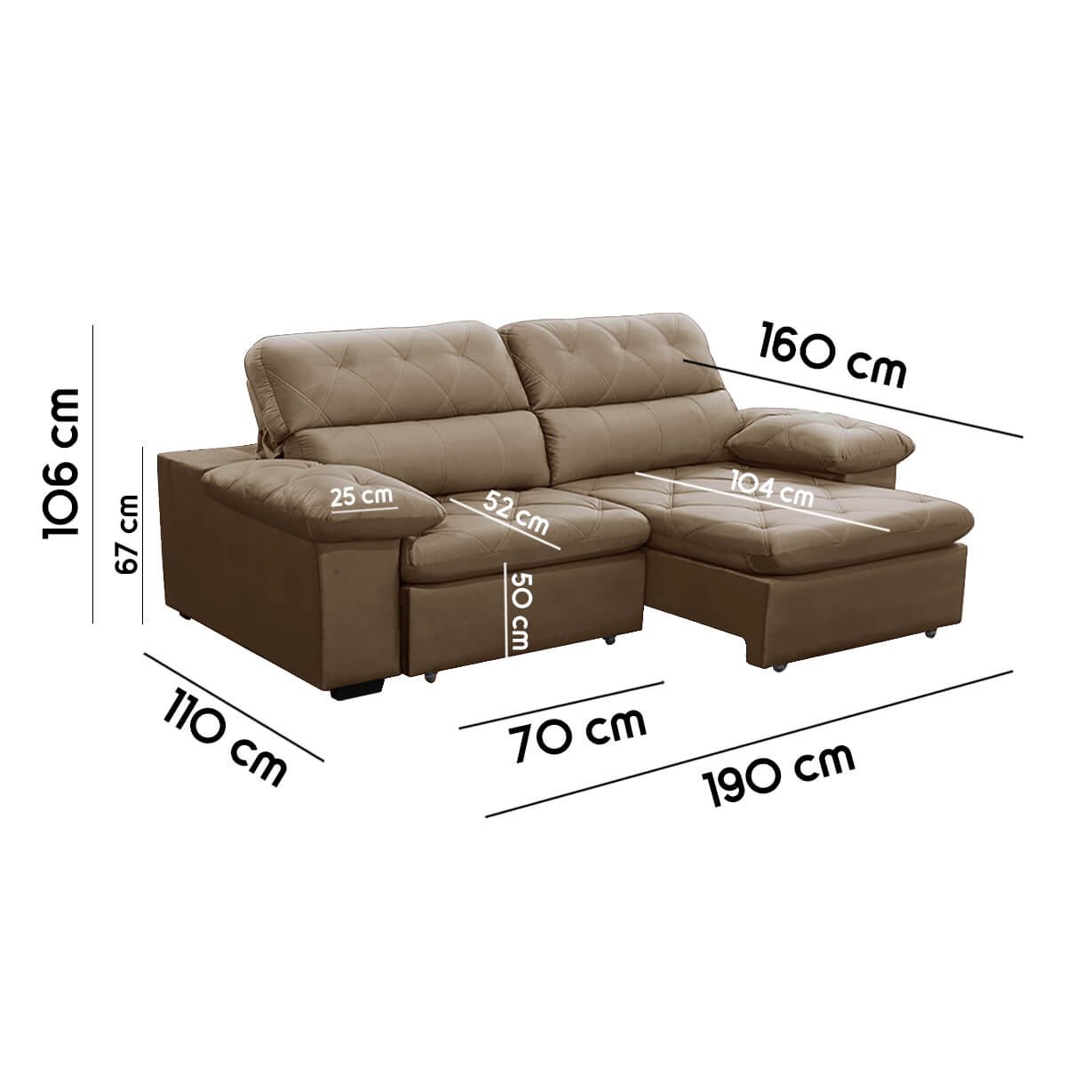 Sofa Retratil Reclinavel 2 Lugares 1,90m Crystal Veludo Capuccino Lansofbr Lansof Brasil - 7