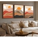 Ver imagem 1 de Conjunto 3 Quadros Decorativos por do Sol Minimalista com Moldura em Tecido Canvas P Sala Quarto