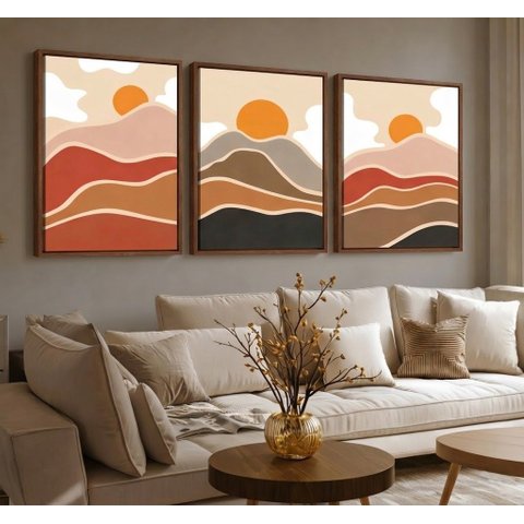 Conjunto 3 Quadros Decorativos por do Sol Minimalista com Moldura em Tecido Canvas P Sala Quarto