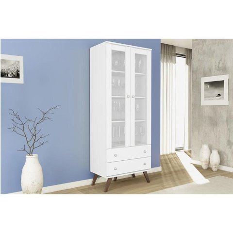 Estante de Livros Esm 217 C/ 2 Portas C/ Vidro e 2 Gavetas 70cm Branco - Movelbento