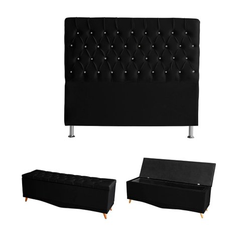 Kit Estrela Cabeceira de Cama Box e Calçadeira Baú Pés Palito Botão Cristal Casal 140 Cm Suede Preto