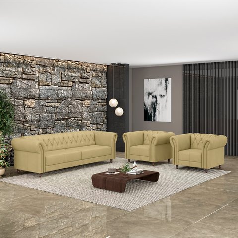 Conjunto Sala de Estar 1 Sofá Living 220cm e 2 Poltronas Stanford Chesterfield Pés Madeira Couro Beg
