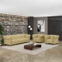 Ver imagem 1 de Conjunto Sala de Estar 1 Sofá Living 220cm e 2 Poltronas Stanford Chesterfield Pés Madeira Couro Beg