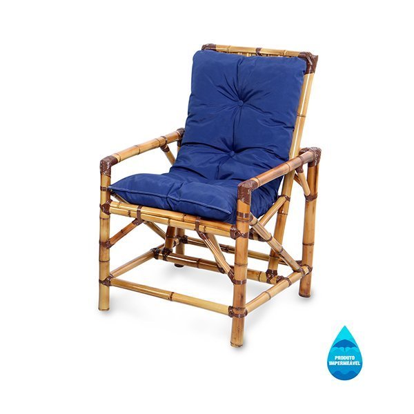 1 Cadeira de Bambu e Vime com Almofada Impermeável Azul