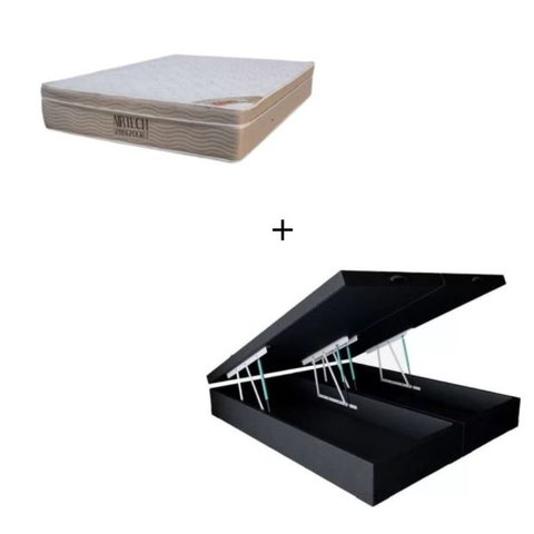 Cama Box Baú Casal 138 Bipartido Sintético Preto com Colchão Ortobom Airtech Spring Pocket D26 Bege