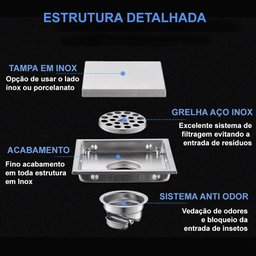 Ralo Oculto Square Invisível Anti Odor Aço Inox 304 15x15cm - 5