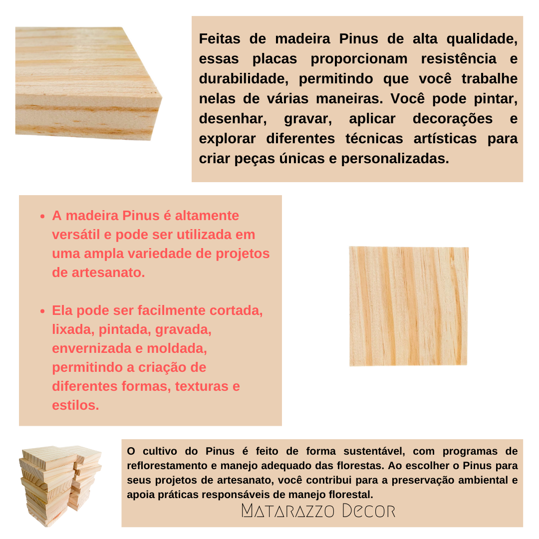 20 Placas Quadradas Madeira Pinus para Artesanato - 10 cm x 10 cm - 4