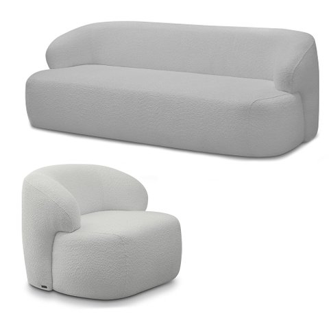 Conjunto Sala de Estar Decorativo Charlote 1 Sofá 180cm 2 Lugares 1 Poltrona Base Fixa com Puff Bouc